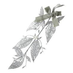 Ornament de brad Frunza argintie cu sclipici si margele 25 cm