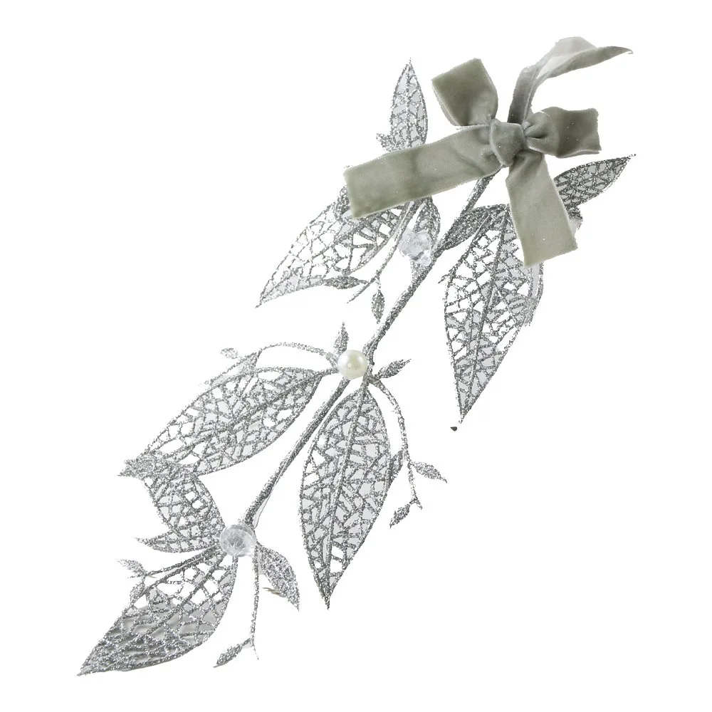 Ornament de brad Frunza argintie cu sclipici si margele 25 cm