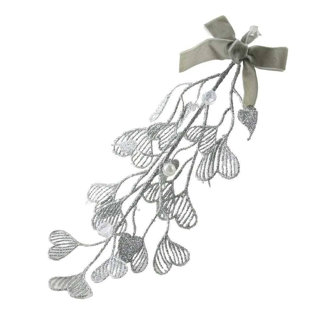 Ornament de brad Frunza argintie cu sclipici si margele 25 cm