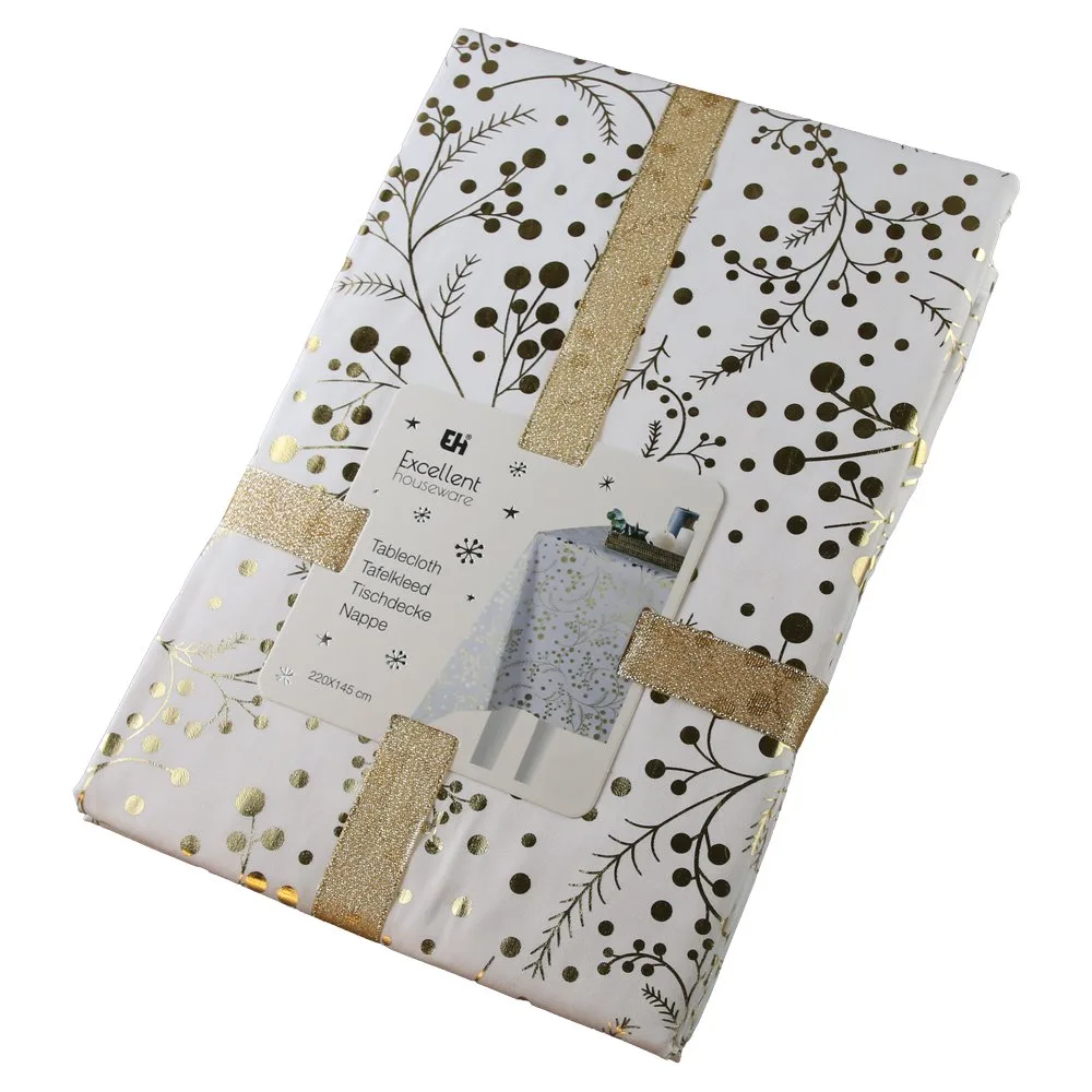 Fata de masa de Craciun cu motive festive argintii/aurii 220x145 cm Fata de masa de Craciun cu motive festive argintii/aurii 220x145 cm