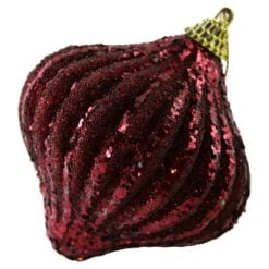 Glob pentru brad spiralat din plastic cu dungi si sclipici 8 cm