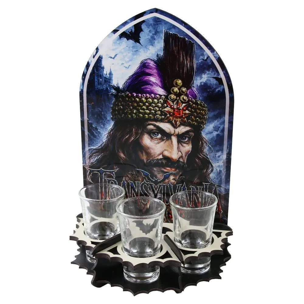Suport din lemn "Transylvania" cu 3 pahare de shot 16x25 cm