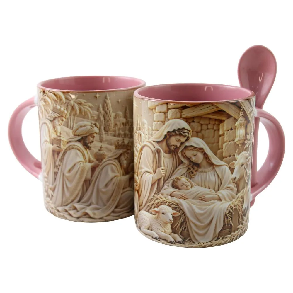 Cana ceramica cu lingurita Sfanta Familie cu Pruncul 330 ml