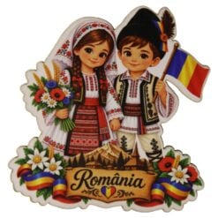 Magnet de frigider din placaj Romania 7 x 7 cm cuplu in port popular