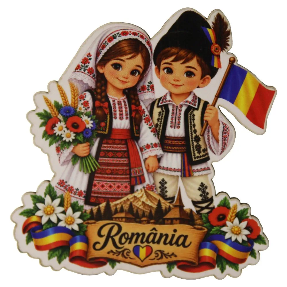 Magnet de frigider din placaj Romania 7 x 7 cm cuplu in port popular Magnet de frigider din placaj Romania 7 x 7 cm cuplu in port popular