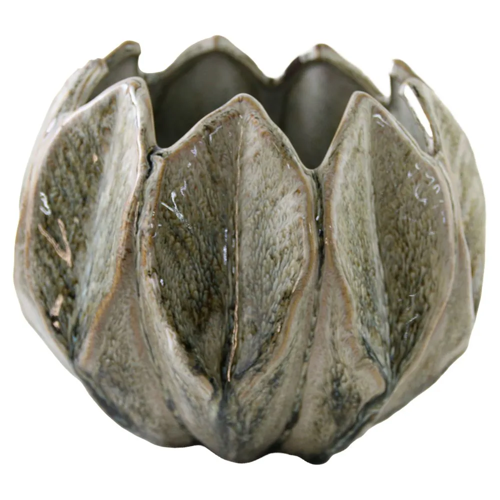 Ghiveci ceramic glazurat cu frunze in relief 18x15 cm Ghiveci ceramic glazurat cu frunze in relief 18x15 cm