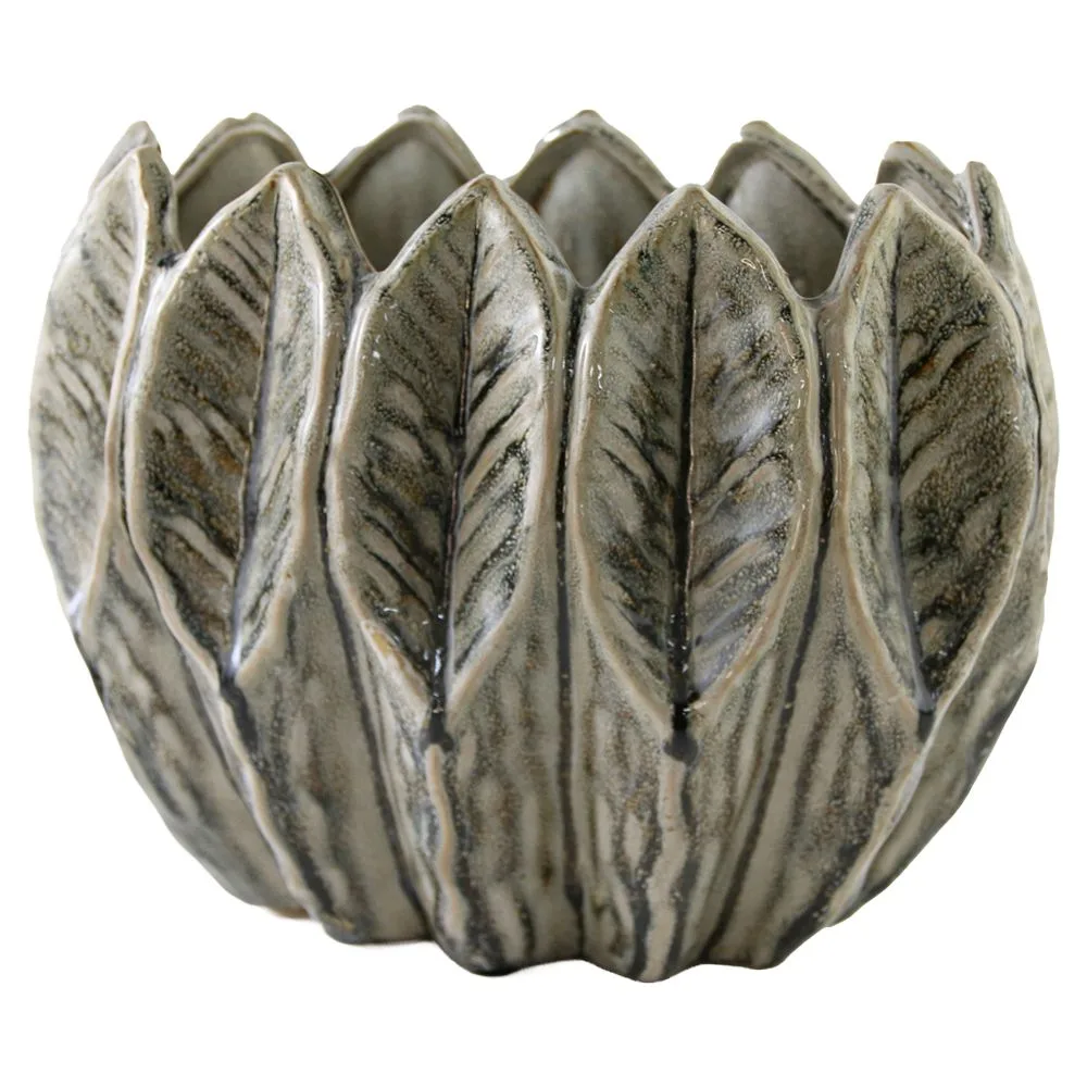 Ghiveci ceramic glazurat cu frunze in relief 19x20 cm