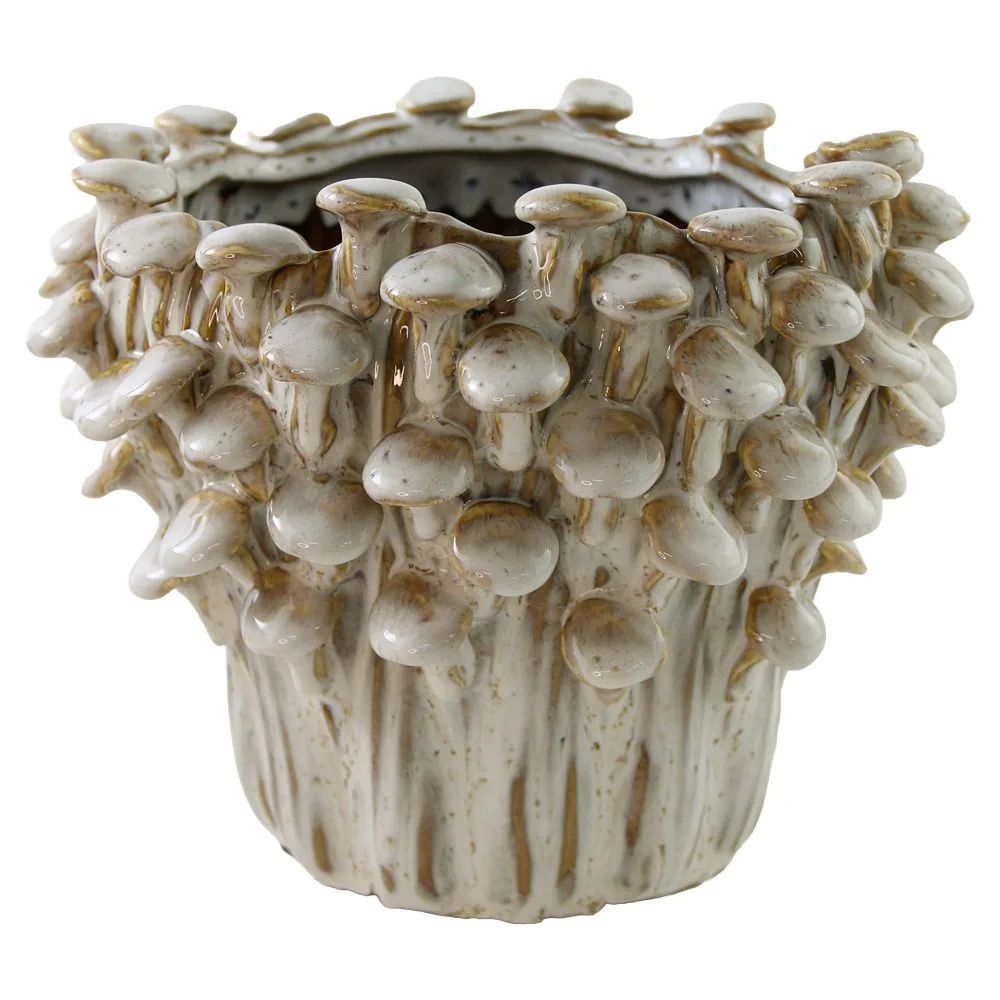 Ghiveci ceramic glazurat cu ciupercute in relief 22x18 cm