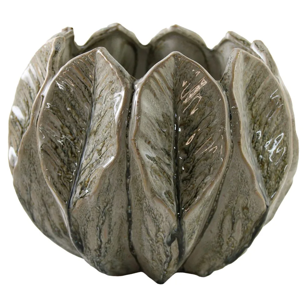 Ghiveci ceramic glazurat cu frunze in relief 23x19 cm Ghiveci ceramic glazurat cu frunze in relief 23x19 cm