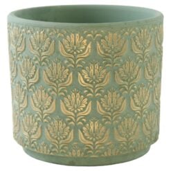 Ghiveci din teracota verde menta cu model floral auriu 12 x 11 cm