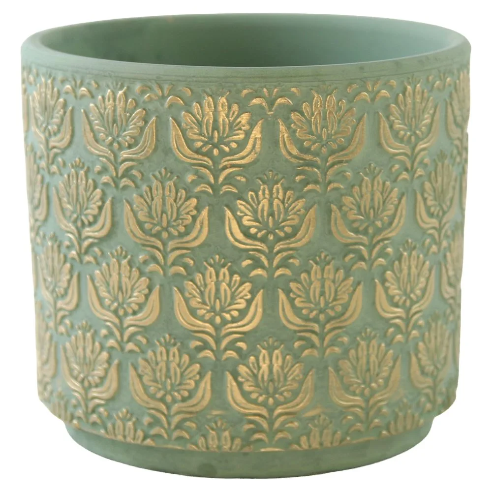 Ghiveci din teracota verde menta cu model floral auriu 12 x 11 cm