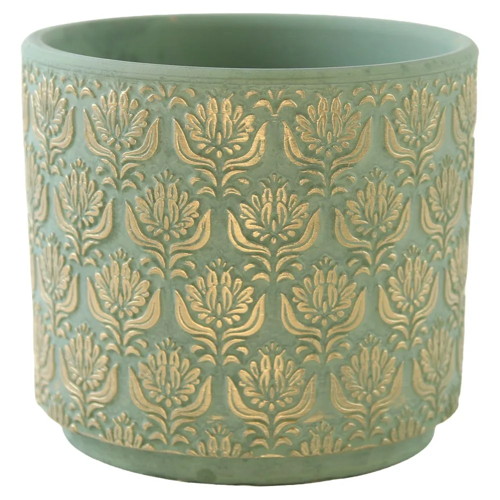 Ghiveci din teracota verde menta cu model floral auriu 14 x 13 cm