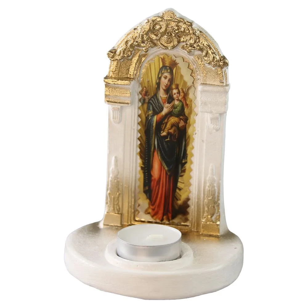 Candela din ipsos Sfanta Maria cu pruncul cu lumanare pastila 11x16 cm