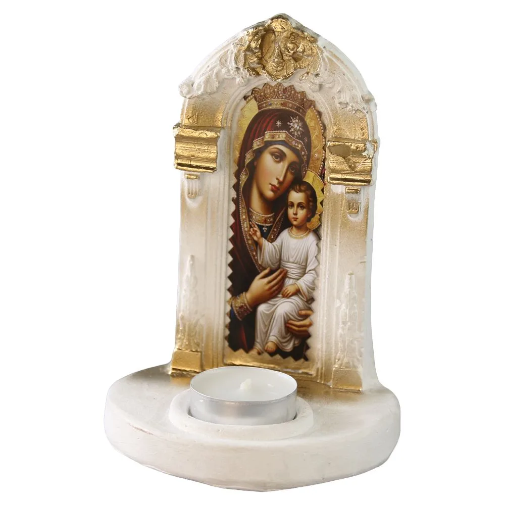 Candela din ipsos Sfanta Maria cu pruncul cu lumanare pastila 11x16 cm