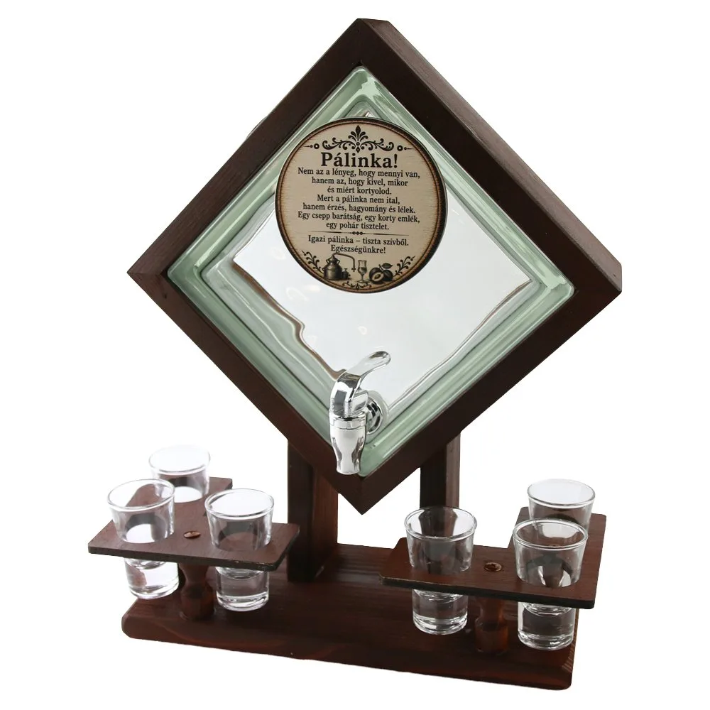 Suport din lemn cu sticla si 6 pahare "Igazi palinka..." 33x17x40 cm