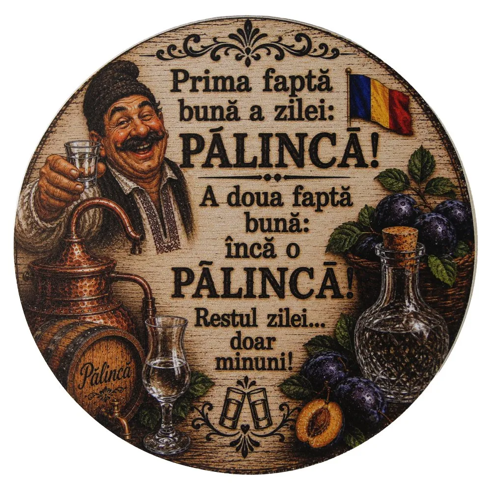 Suport din lemn cu sticla si 6 pahare "Palinca..." 33x17x40 cm