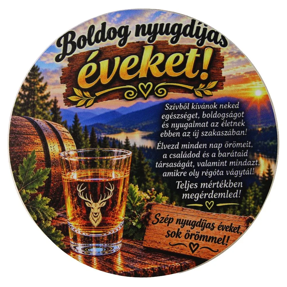 Suport din lemn cu sticla si 6 pahare "Boldog nyugdijas eveket!" 33x17x40 cm
