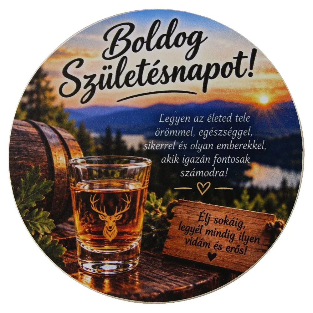 Suport din lemn cu sticla si 6 pahare "Boldog Szuletesnapot!" 33x17x40 cm