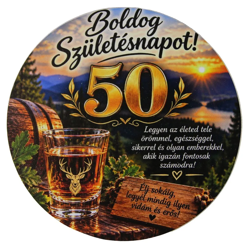 Suport din lemn cu sticla si 6 pahare "Boldog Szuletesnapot! 50" 33x17x40 cm