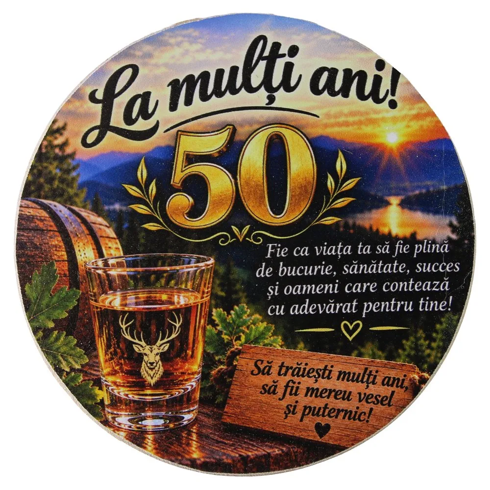 Suport din lemn cu sticla si 6 pahare "La multi ani! 50" 33x17x40 cm