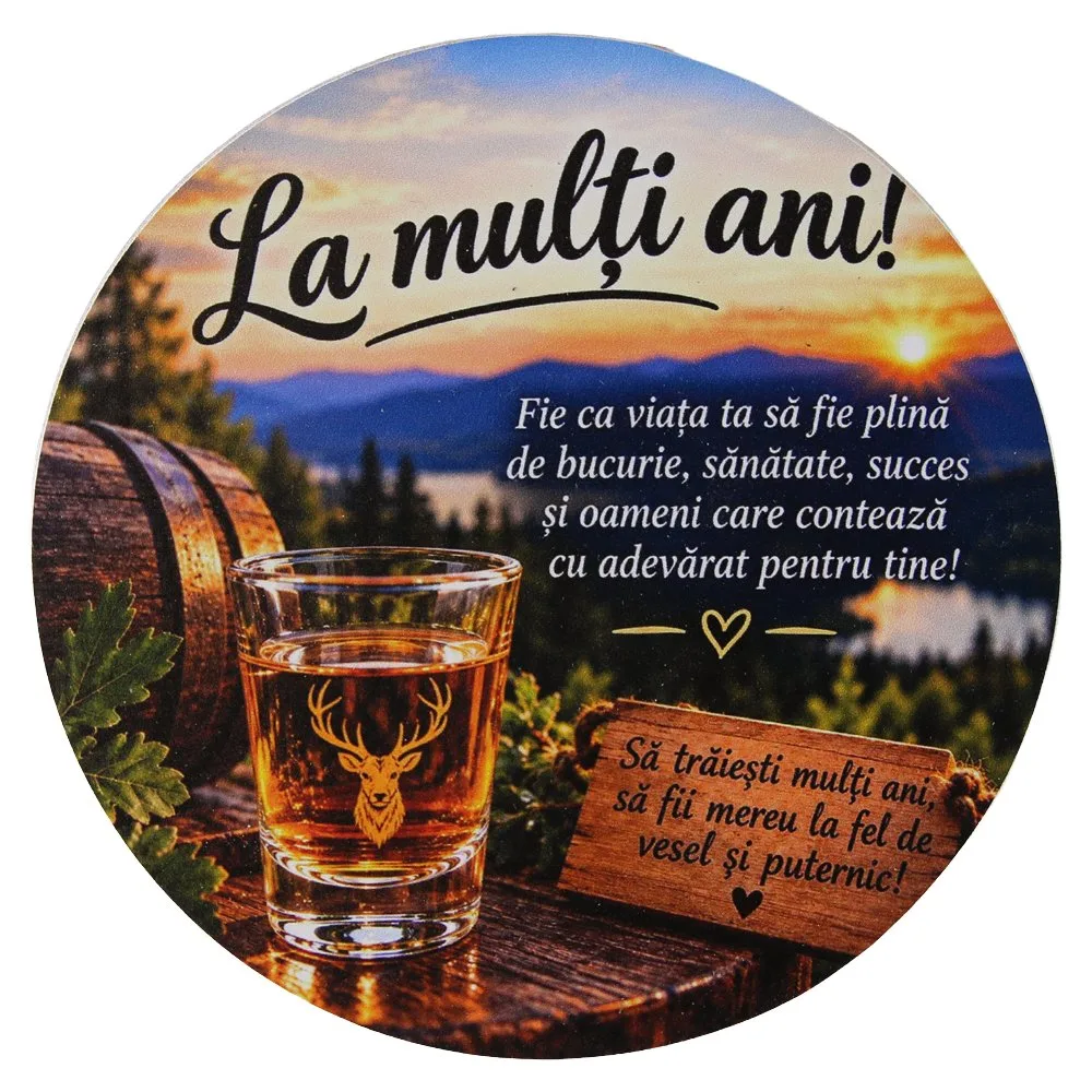 Suport din lemn cu sticla si 6 pahare "La multi ani!" 33x17x40 cm