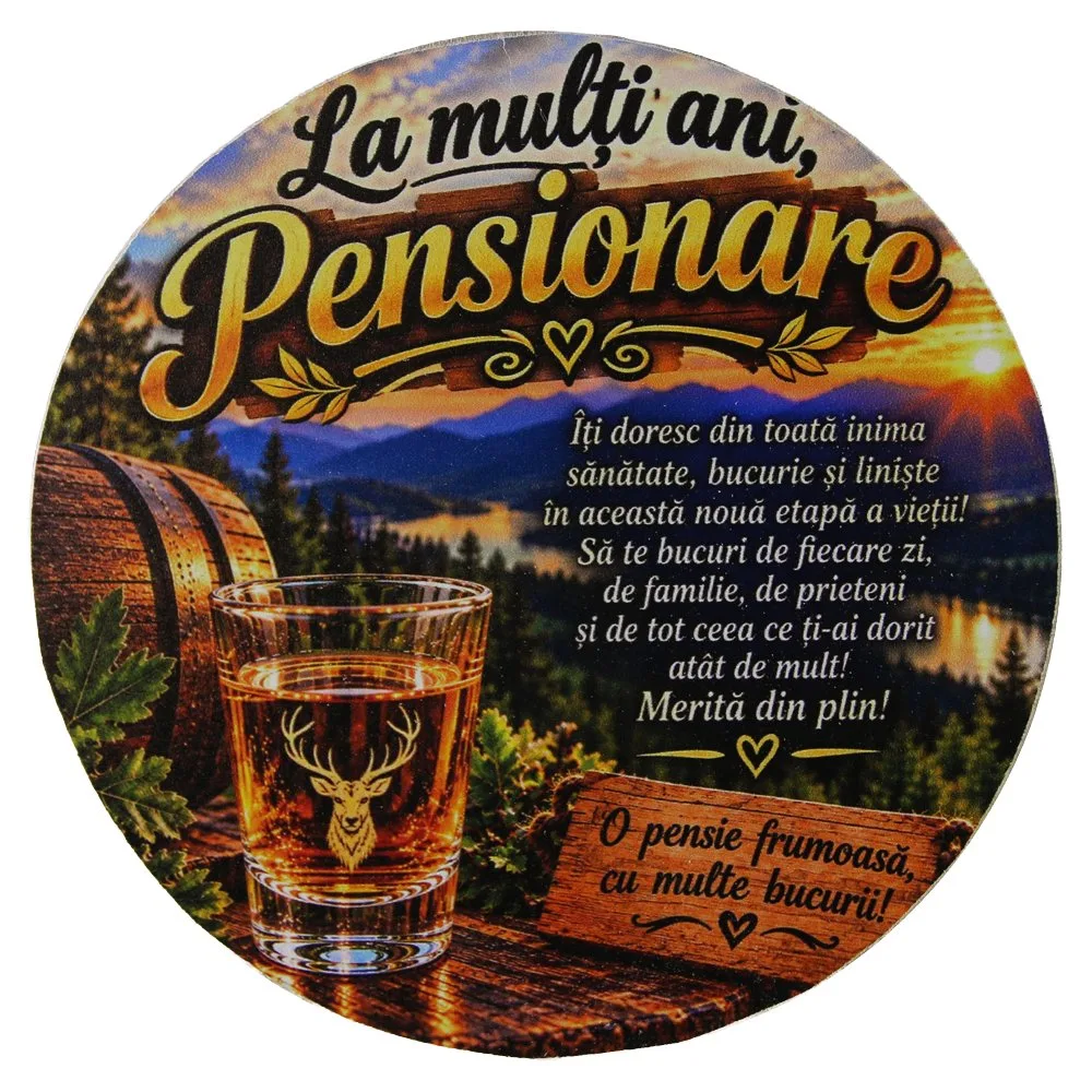 Suport din lemn cu sticla si 6 pahare "La multi ani! Pensionare" 33x17x40 cm Suport din lemn cu sticla si 6 pahare "La multi ani! Pensionare" 33x17x40 cm