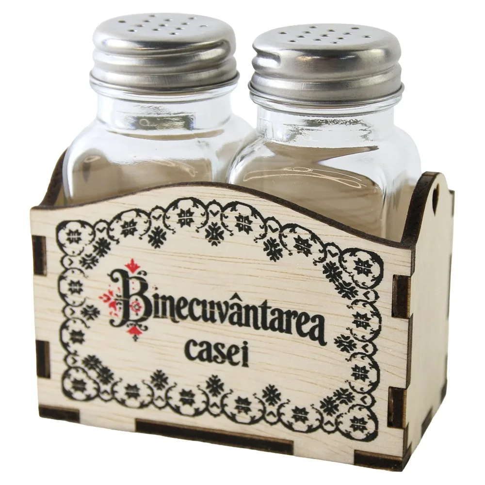 Set 2 recipiente condimente cu suport din lemn Binecuvantarea casei 9x10 cm