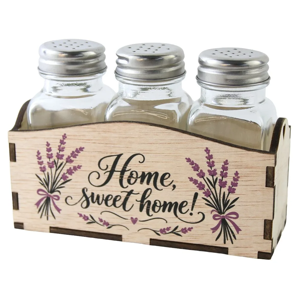 Set 3 recipiente condimente cu suport din lemn Home Sweet Home