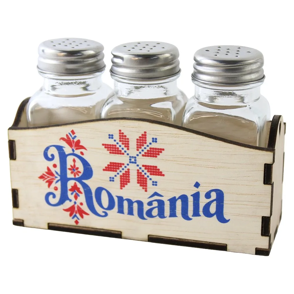 Set 3 recipiente condimente cu suport din lemn Romania 13.5x10 cm