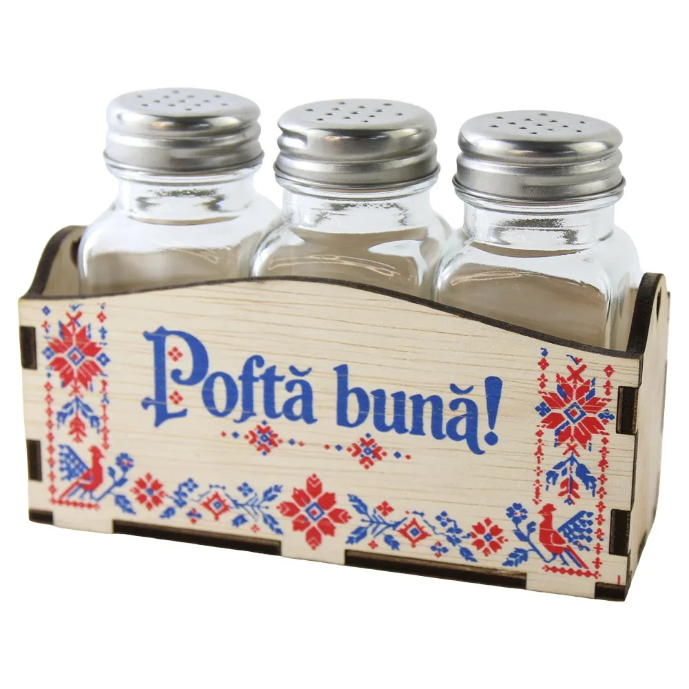 Set 3 recipiente condimente cu suport din lemn Pofta Buna 13.5x10 cm