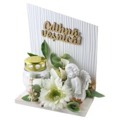 Aranjament floral pentru cimitir cu candela si ingeras "Odihna vesnica!" 19 cm