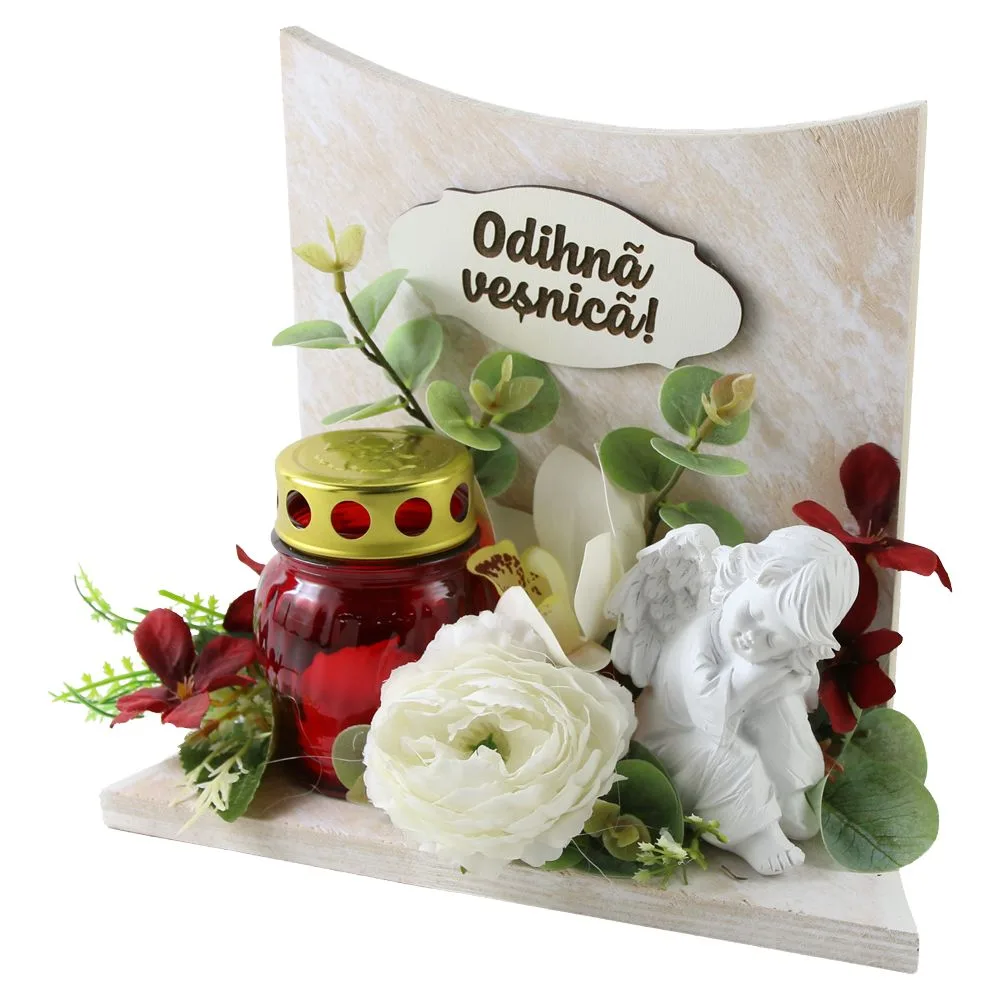 Aranjament floral pentru cimitir cu candela si ingeras "Odihna vesnica!" 19 cm Aranjament floral pentru cimitir cu candela si ingeras "Odihna vesnica!" 19 cm